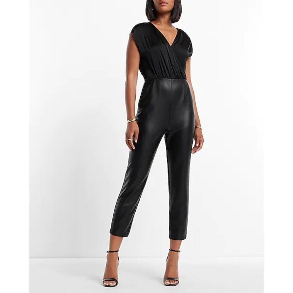 Express Cap Sleeve Faux Leather Jumpsuit XL